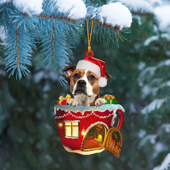 American Bulldog In Red House Cup Merry Christmas Ornament