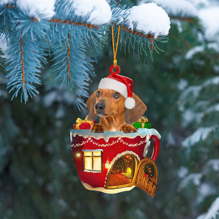 RED Dachshund In Red House Cup Merry Christmas Ornament
