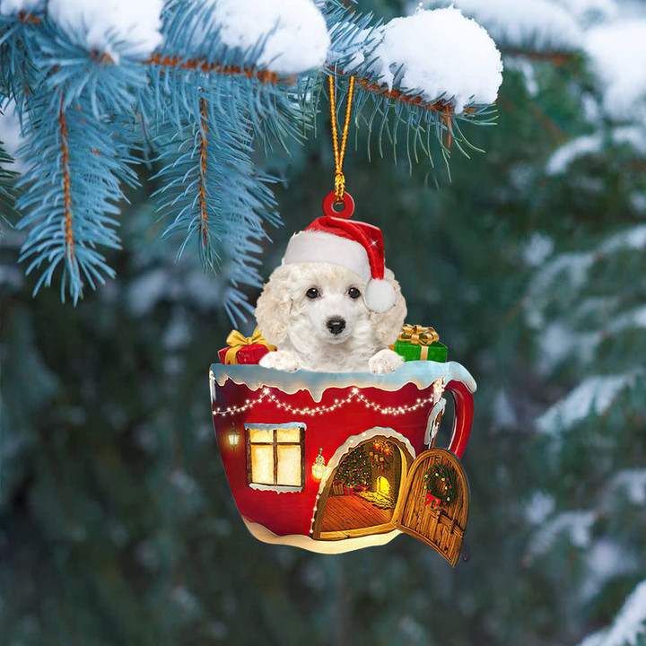 WHITE Toy Poodle In Red House Cup Merry Christmas Ornament