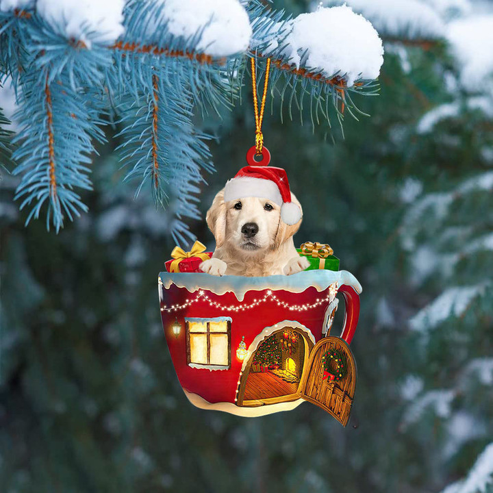 Golden Retriever  2 In Red House Cup Merry Christmas Ornament