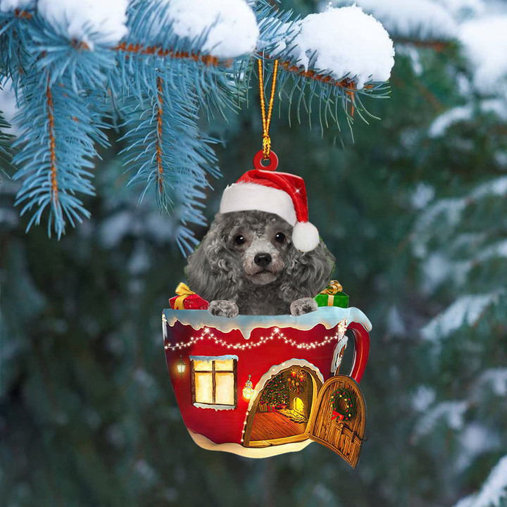 SILVER Miniature Poodle In Red House Cup Merry Christmas Ornament