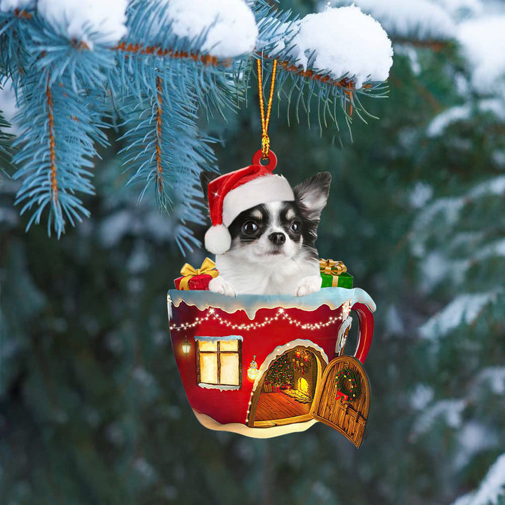 Long haired white Chihuahua In Red House Cup Merry Christmas Ornament