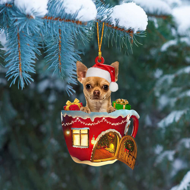 TAN Chihuahua In Red House Cup Merry Christmas Ornament