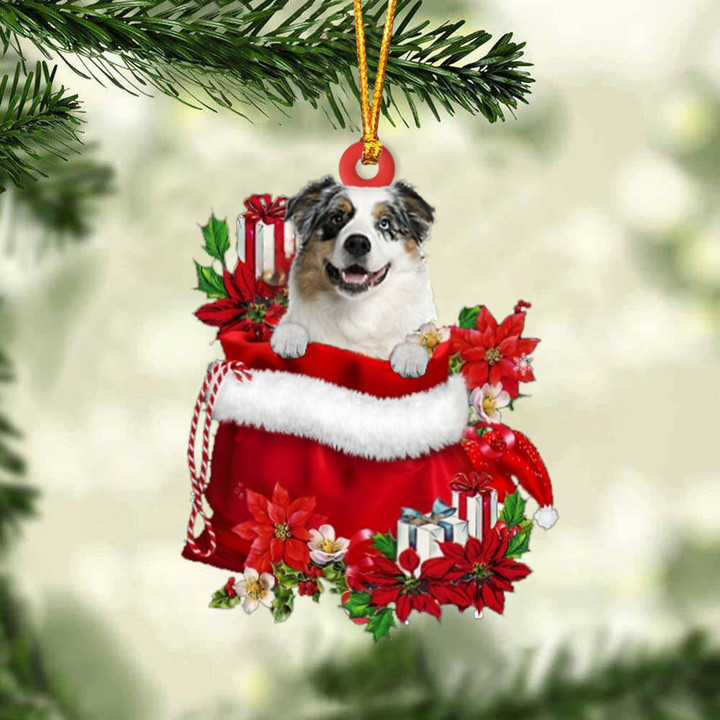 Australian Shepherd In Gift Bag Christmas Ornament