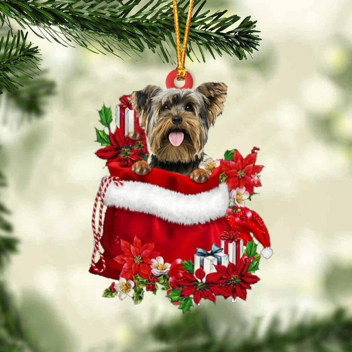 Yorkshire Terrier In Gift Bag Christmas Ornament