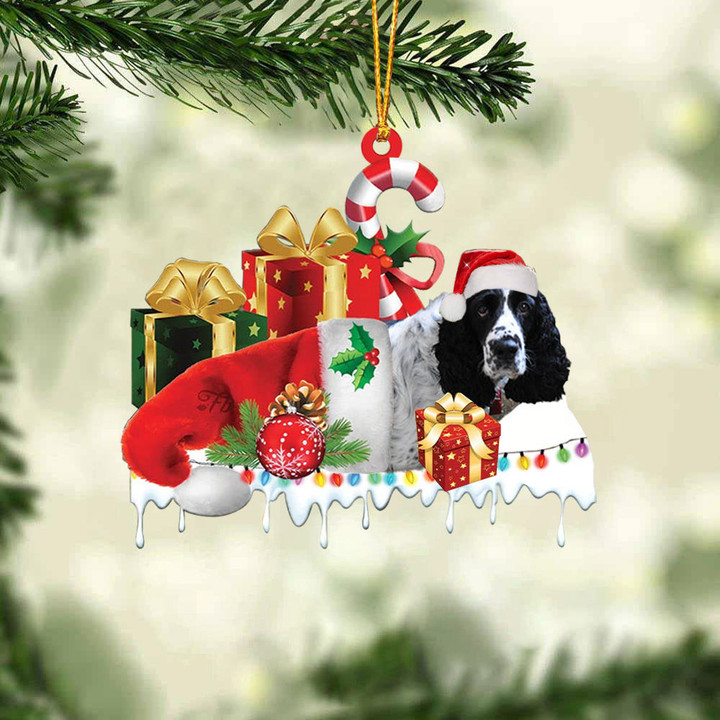 Black and white English springer Merry Christmas Hanging Ornament-0211