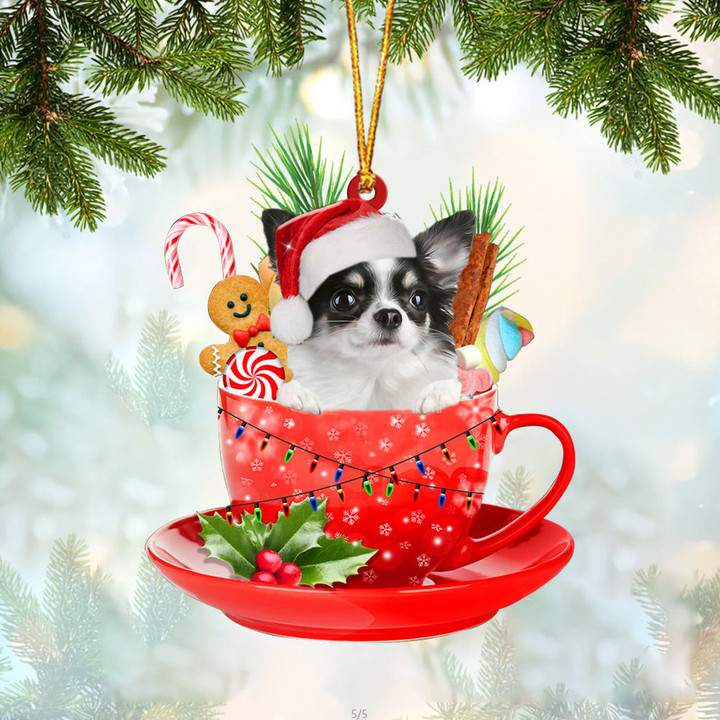 Long haired white Chihuahua In Cup Merry Christmas Ornament