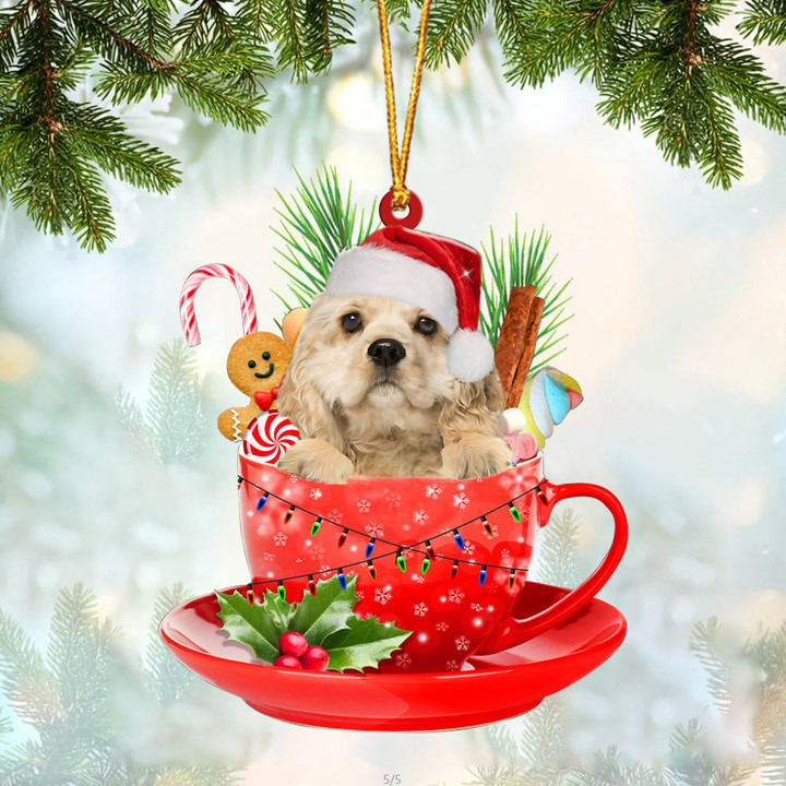 CREAM American Cocker Spaniel In Cup Merry Christmas Ornament