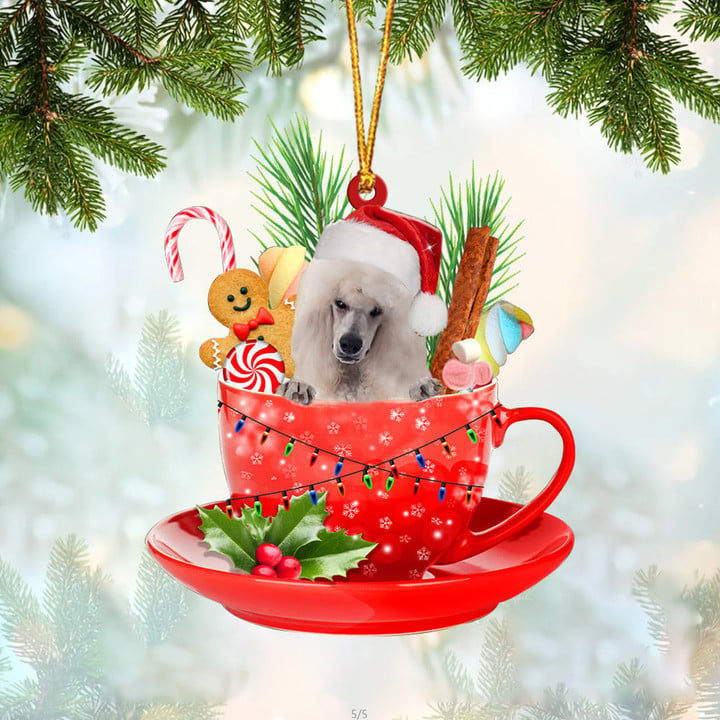 WHITE Standard Poodle In Cup Merry Christmas Ornament