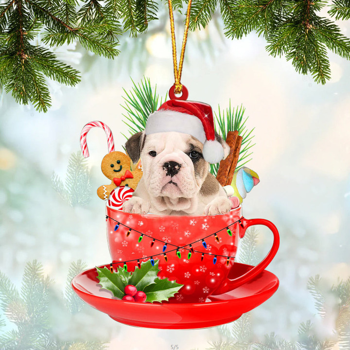 Old English Bulldog In Cup Merry Christmas Ornament