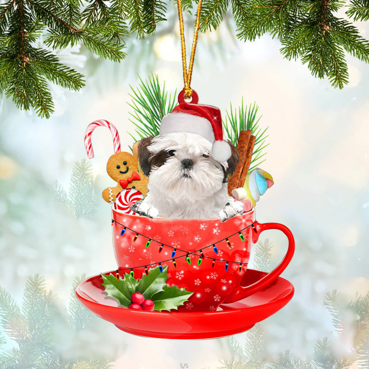 WHITE Shih Tzu In Cup Merry Christmas Ornament