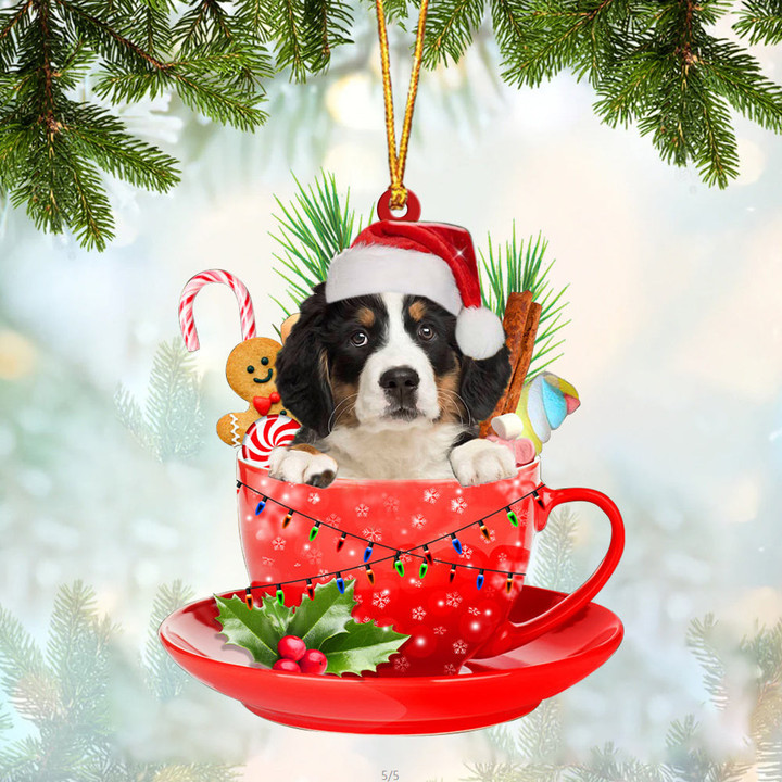 Bernese Mountain Dog In Cup Merry Christmas Ornament