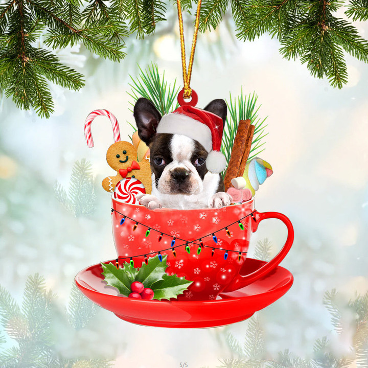 BRINDLE Boston Terrier In Cup Merry Christmas Ornament