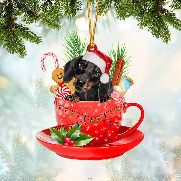 BLACK Dachshund In Cup Merry Christmas Ornament