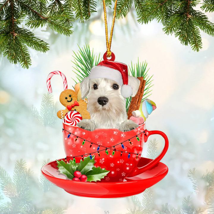 WHITE Miniature Schnauzer In Cup Merry Christmas Ornament