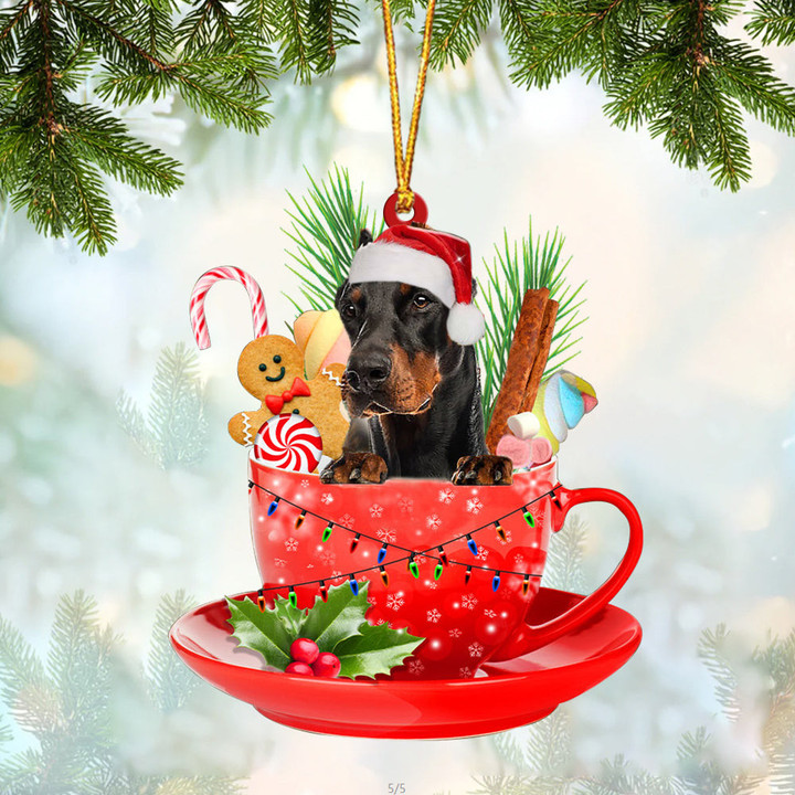 Doberman In Cup Merry Christmas Ornament
