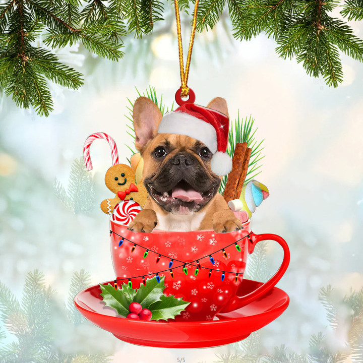 brown French Bulldog In Cup Merry Christmas Ornament