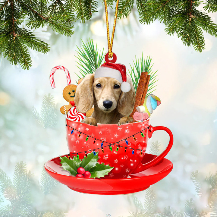 CREAM Long haired Dachshund In Cup Merry Christmas Ornament