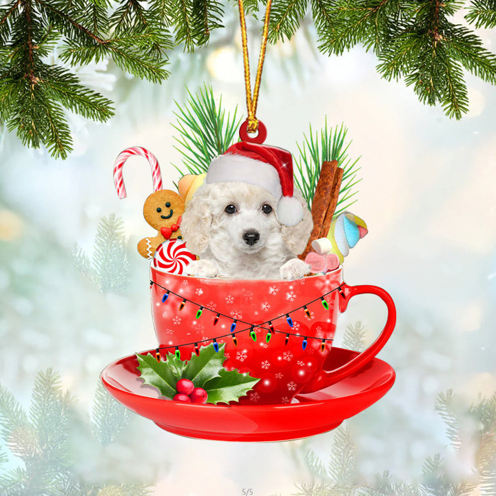 WHITE Toy Poodle In Cup Merry Christmas Ornament