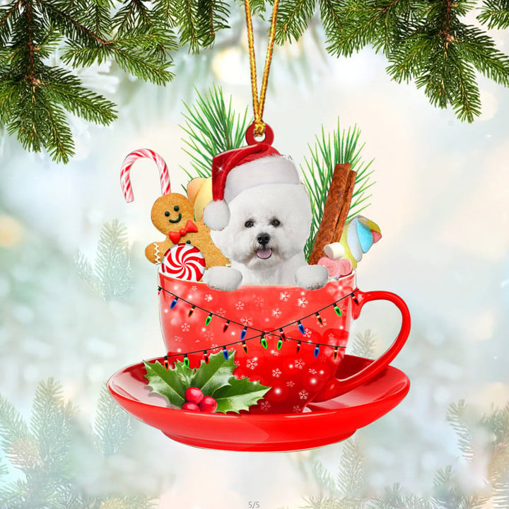 WHITE Bichon Frise In Cup Merry Christmas Ornament