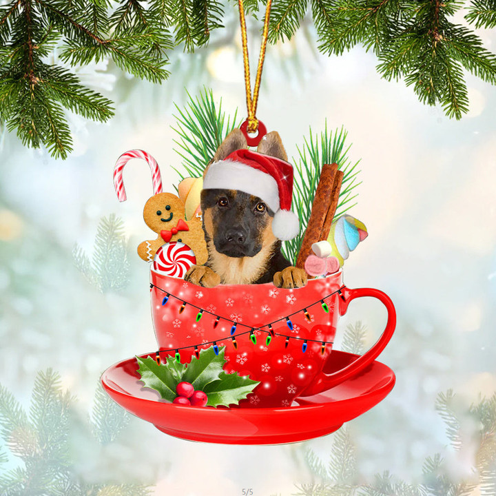 German Shepherd In Cup Merry Christmas Ornament