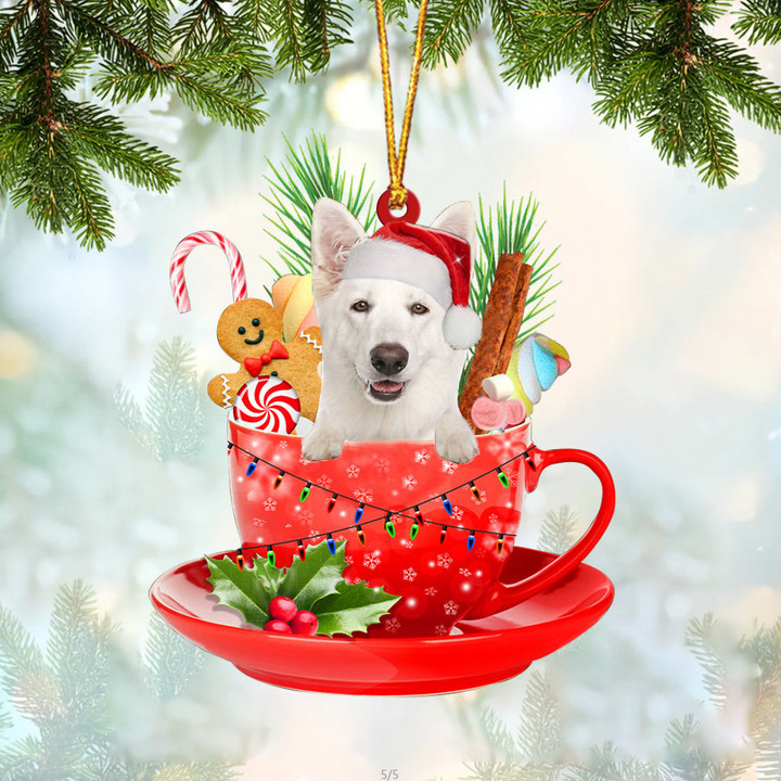 WHITE German Shepherd In Cup Merry Christmas Ornament