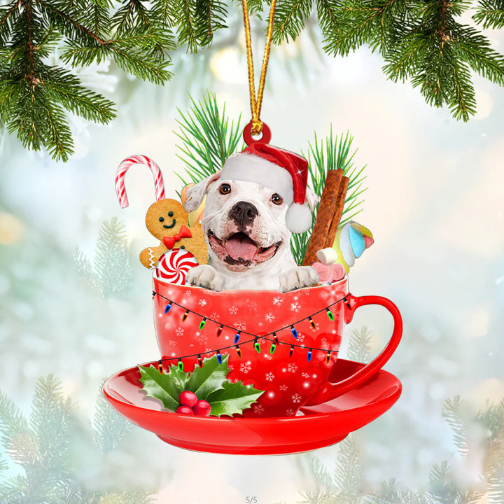 WHITE Pitbulll In Cup Merry Christmas Ornament