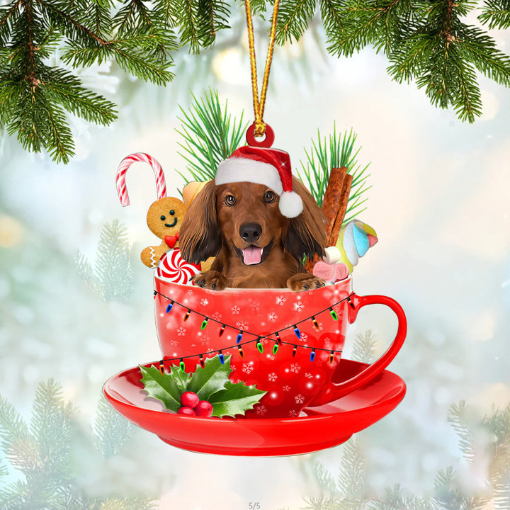 RED LONG HAIRED Dachshund In Cup Merry Christmas Ornament
