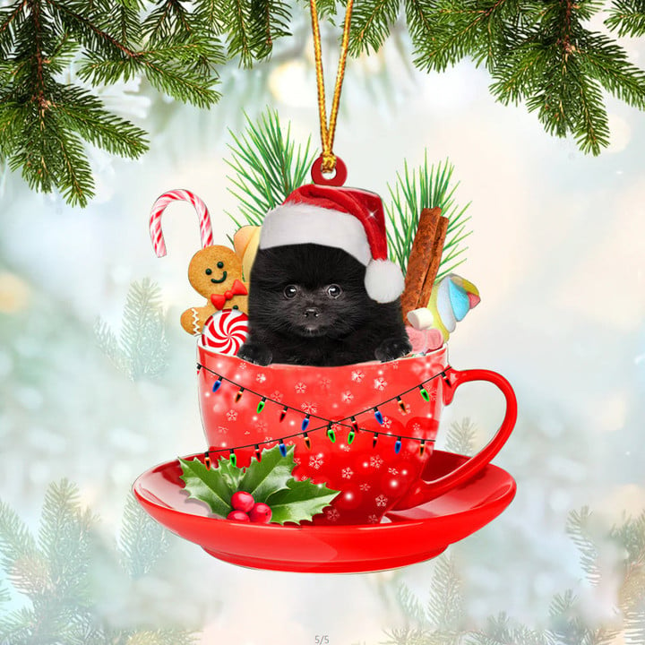 BLACK Pomeranian In Cup Merry Christmas Ornament
