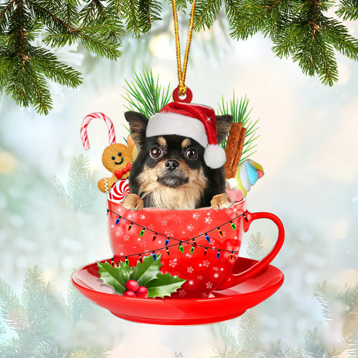 Chihuahua Long haired In Cup Merry Christmas Ornament