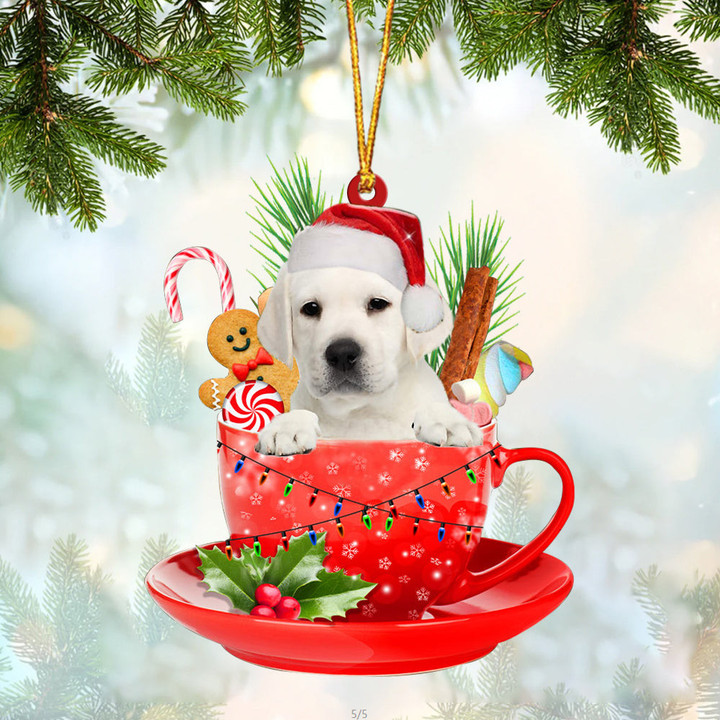 WHITE Labrador In Cup Merry Christmas Ornament