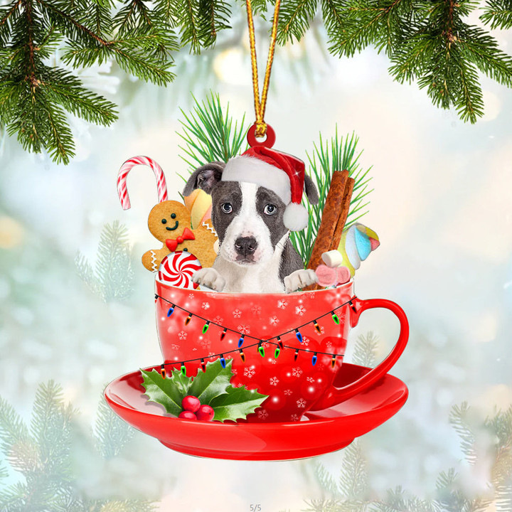 Pitbull In Cup Merry Christmas Ornament
