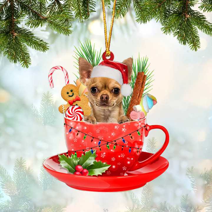 TAN Chihuahua In Cup Merry Christmas Ornament