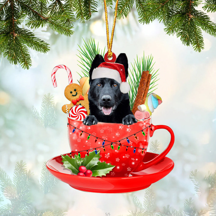 BLACK German Shepherd In Cup Merry Christmas Ornament