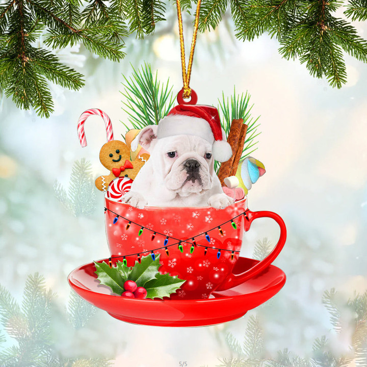WHITE English Bulldog In Cup Merry Christmas Ornament