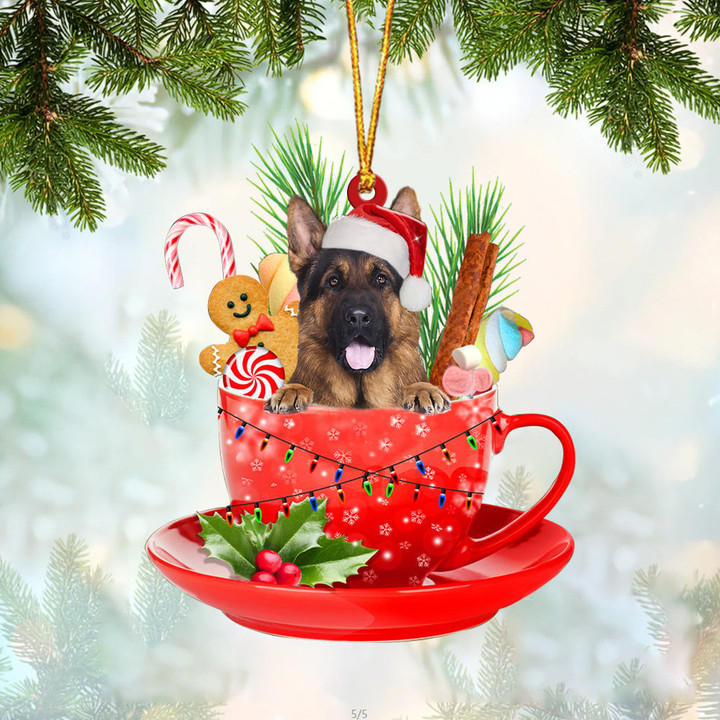 LONG HAIRED German Shepherd In Cup Merry Christmas Ornament