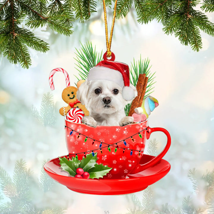 WHITE Maltese In Cup Merry Christmas Ornament