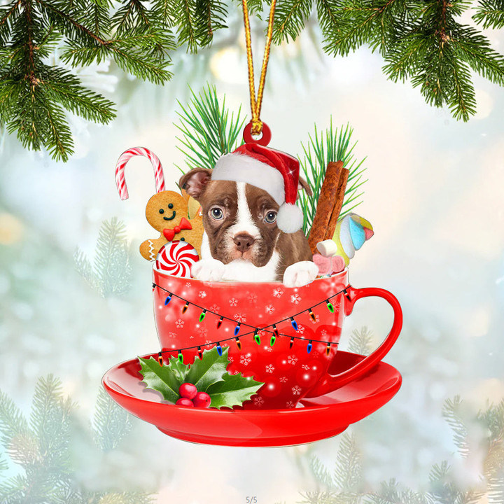 RED Boston Terrier In Cup Merry Christmas Ornament