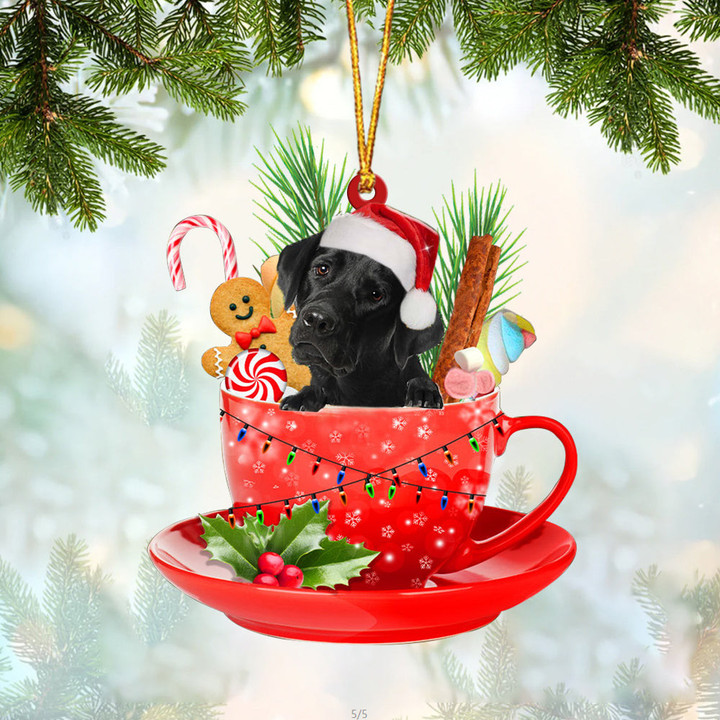 BLACK Labrador In Cup Merry Christmas Ornament