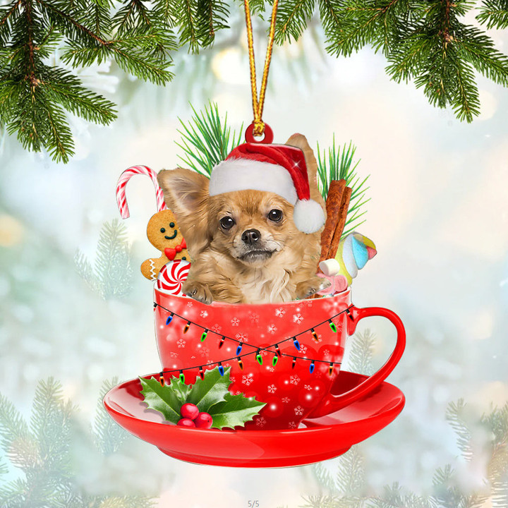 Long haired Tan Chihuahua In Cup Merry Christmas Ornament