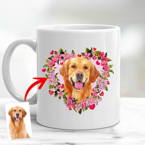 Customized Pet Illustration Flower Heart Mugs Gift For Pet Owners, Dog Lovers