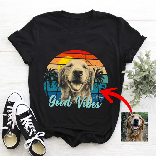 Good Vibes Vintage Sunset Customized Dog Photo Sketch T-Shirt Dog Lover Shirt