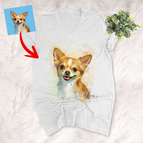 Dog Portrait Water Color Effect Personalized Unisex V-neck shirt Gift for Dog Lover
