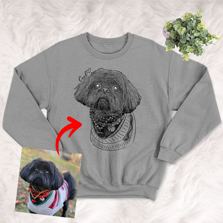 Personalized Pet Photo Portrait Sketch Hand Drawing Men & Women Sweatshirt for Dog Lovers, Gift for Dog Lover