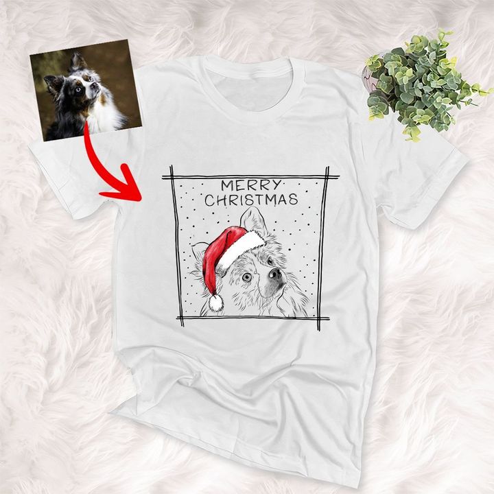 Merry Christmas Personalized Sketch Pet Portrait Unisex T-Shirt, Xmas Gift For Pet Lover, Pet Parents