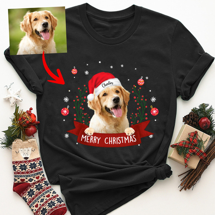 Personalized Merry Christmas Bauble Dog Image Unisex T-Shirt Xmas Gift For Pet Parents, Dog Lovers