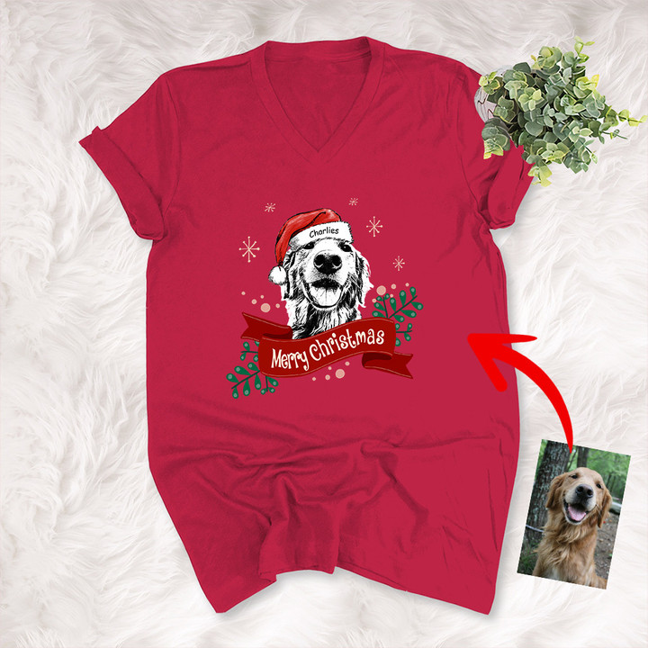 Customized Pet Portrait Christmas Ribbon Unisex V-neck Shirt