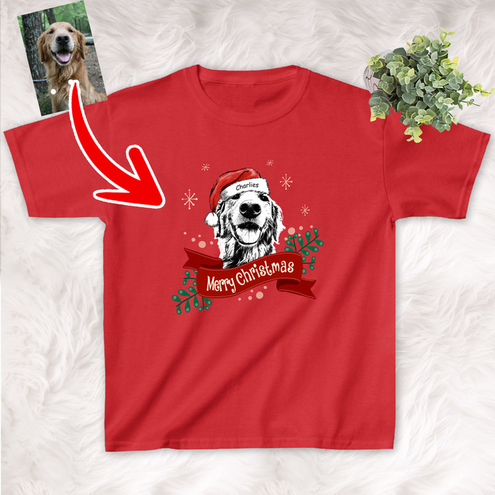 Customized Pet Portrait Christmas Ribbon Kid's T-shirt