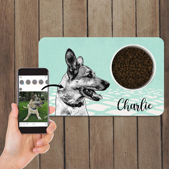 Personalized Pet Portrait Food Mat, Sketch Dog Mat, New Puppy Gift 12"x18"