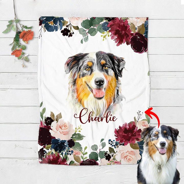 Watercolor Maroon Flowers And Dog Photo Custom Pet Fleece Blanket Gift For Dog Parent
